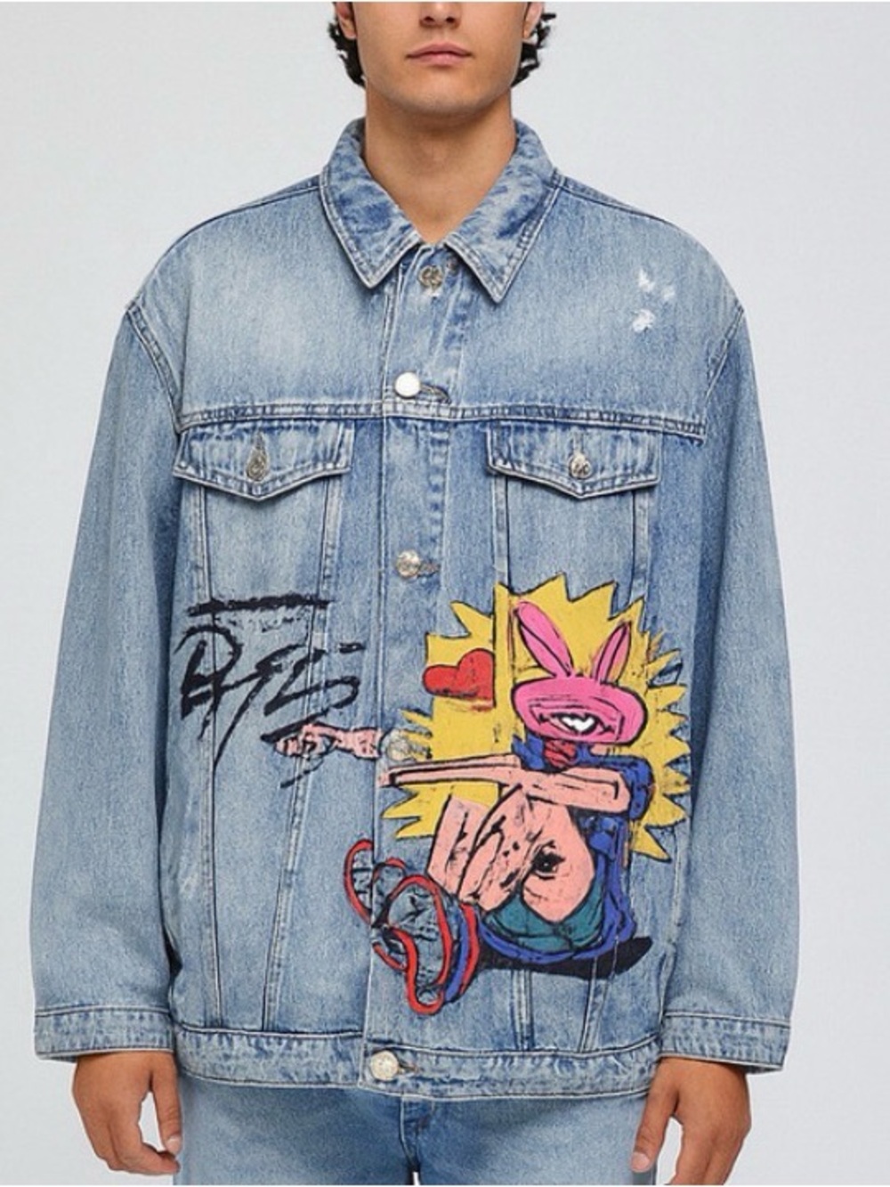Zara Distressed Denim Jacket W Graffiti Bunny Graphic & Floral Back Size XL